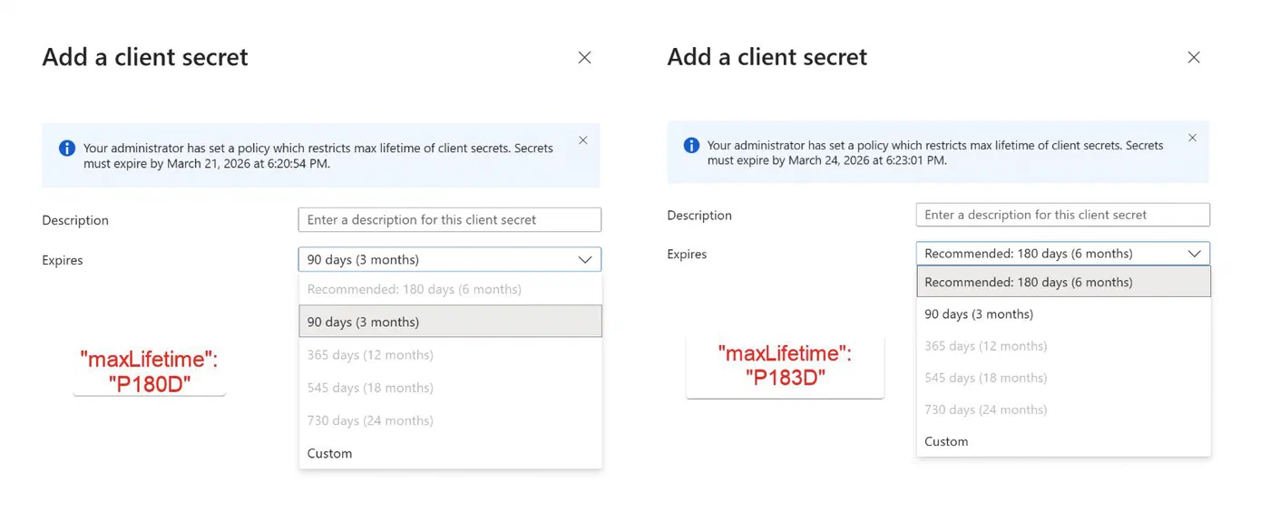 Screenshot showing Entra application policies for secrets and certificates (step 18)