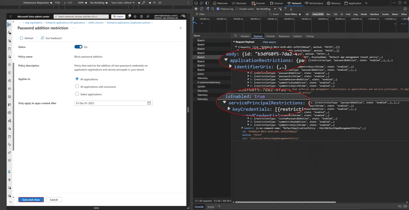 Screenshot showing Entra application policies for secrets and certificates (step 1)