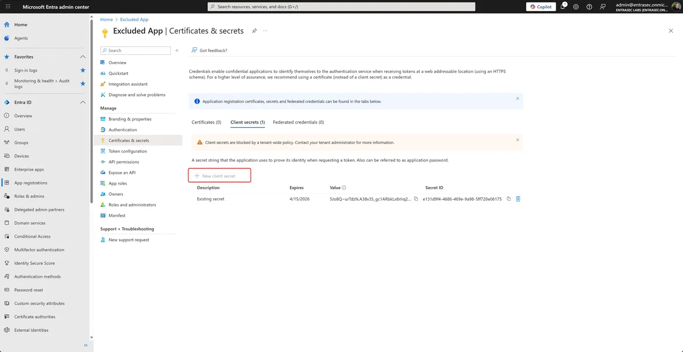 Screenshot showing Entra application policies for secrets and certificates (step 2)