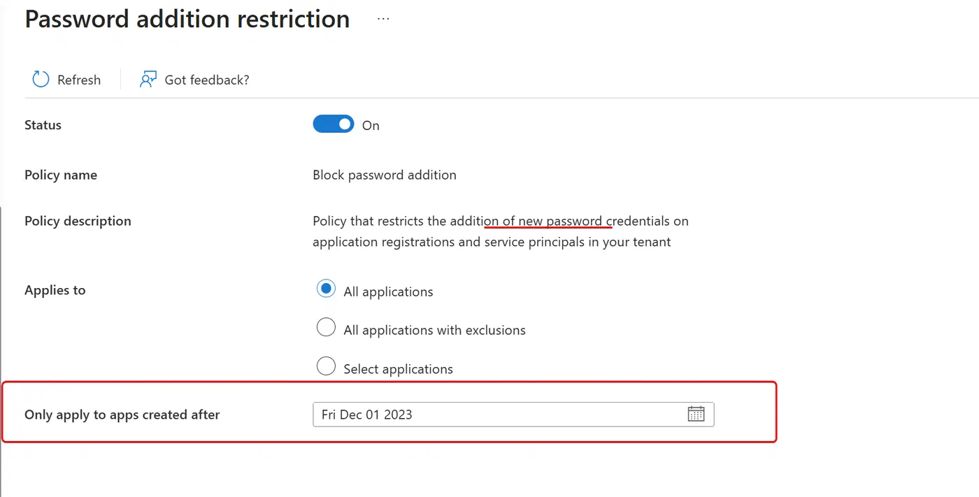 Screenshot showing Entra application policies for secrets and certificates (step 3)