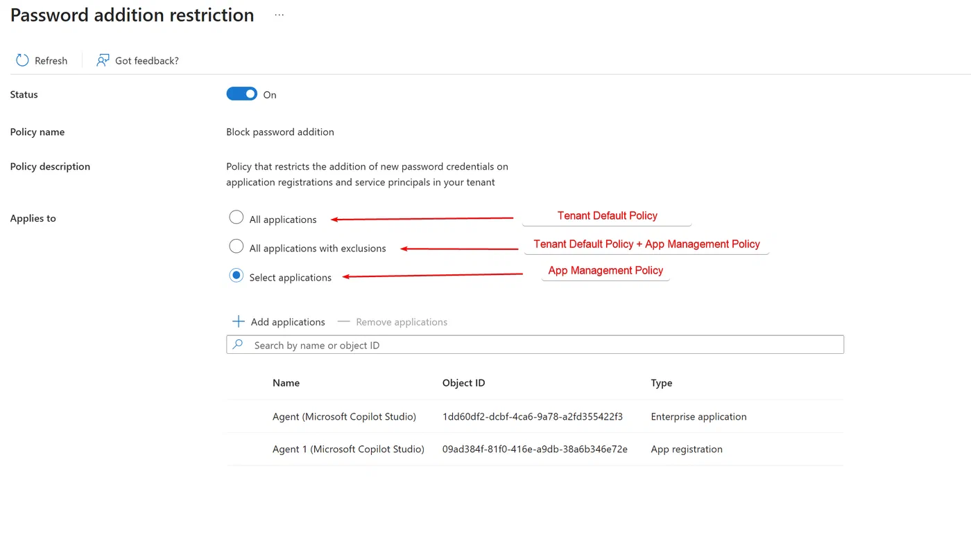 Screenshot showing Entra application policies for secrets and certificates (step 4)