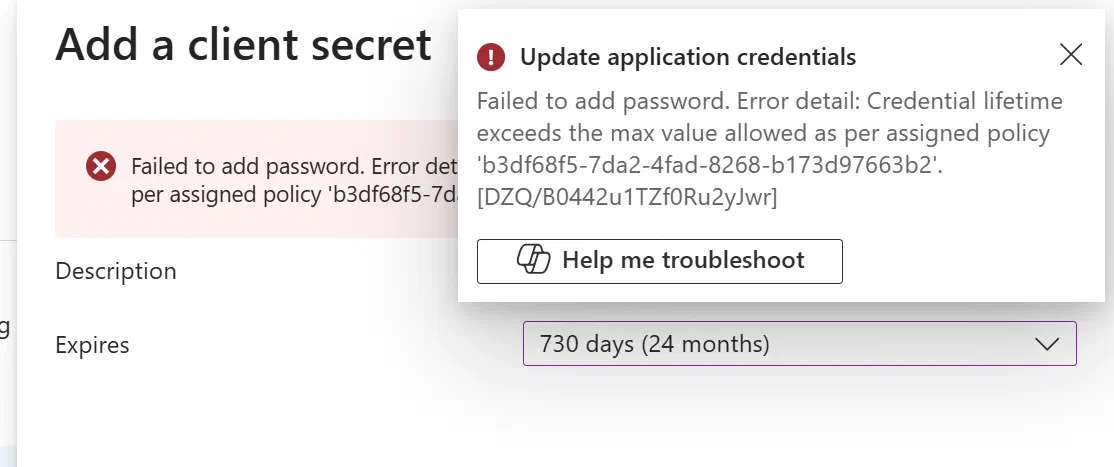 Screenshot showing Entra application policies for secrets and certificates (step 15)