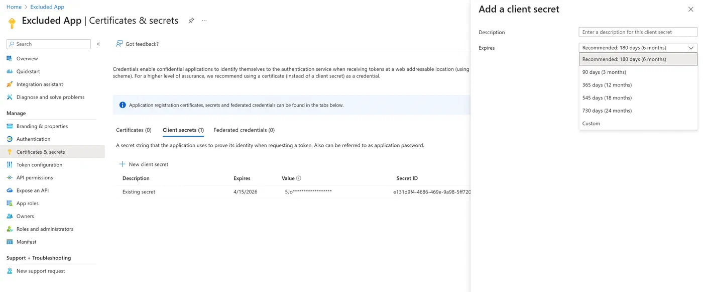 Screenshot showing Entra application policies for secrets and certificates (step 14)
