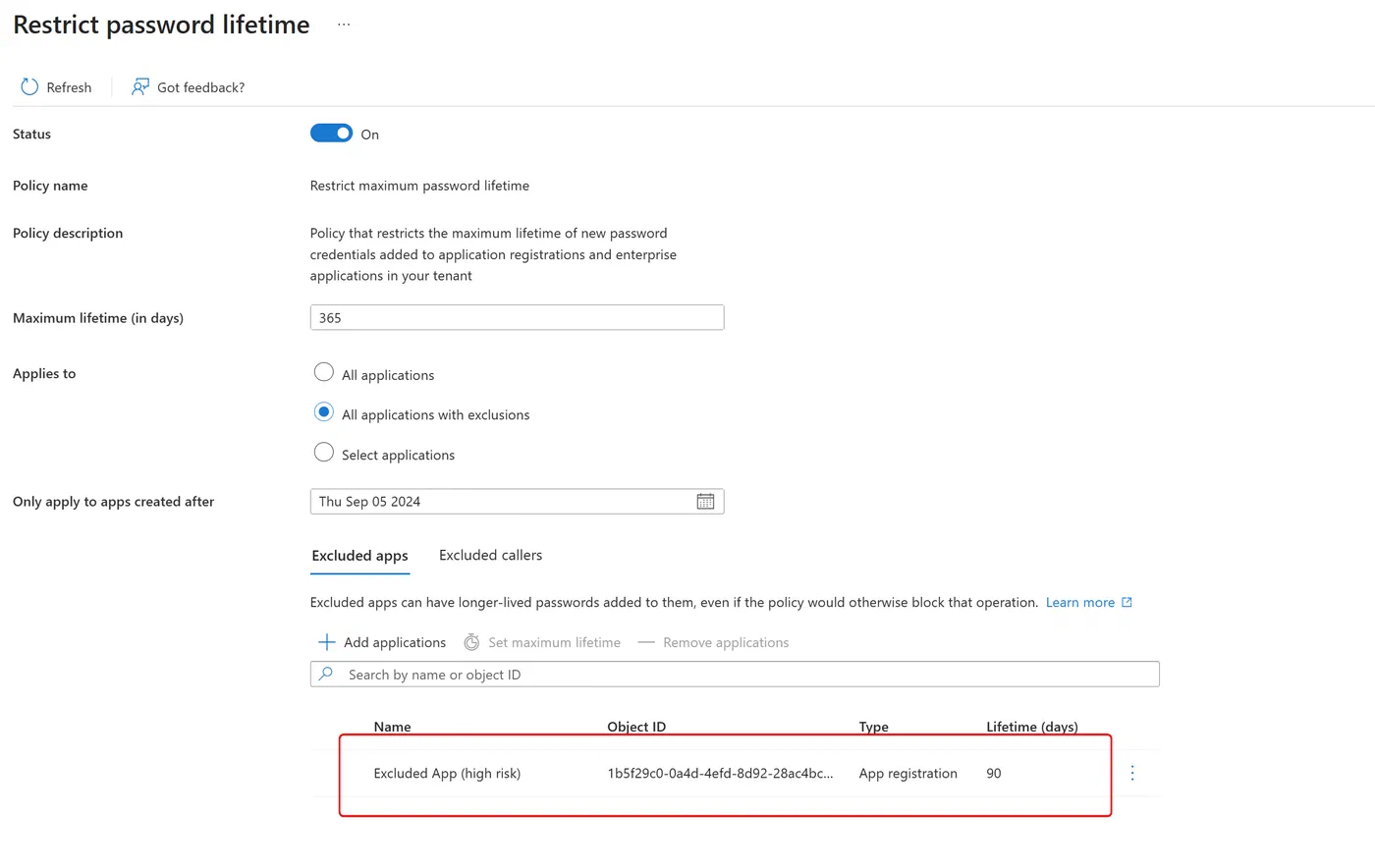 Screenshot showing Entra application policies for secrets and certificates (step 16)