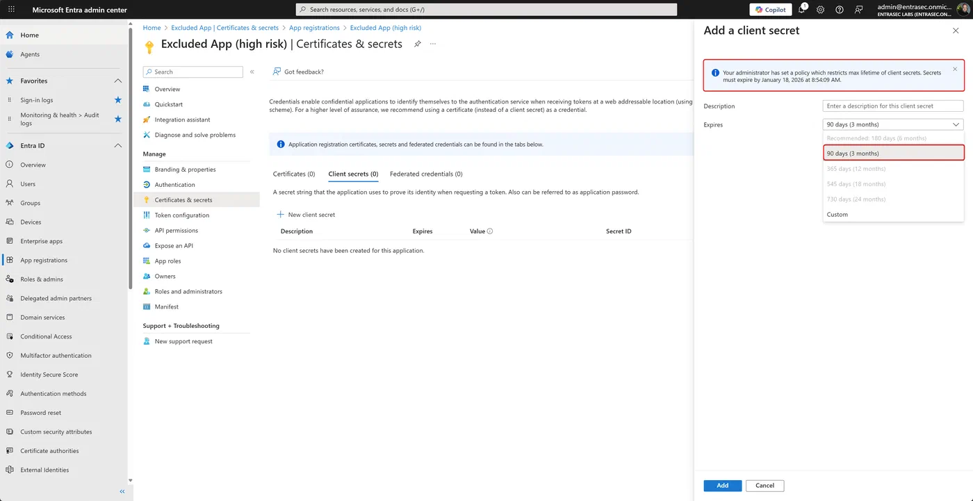 Screenshot showing Entra application policies for secrets and certificates (step 17)
