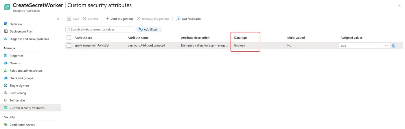 Screenshot showing Entra application policy bug investigation (step 2)