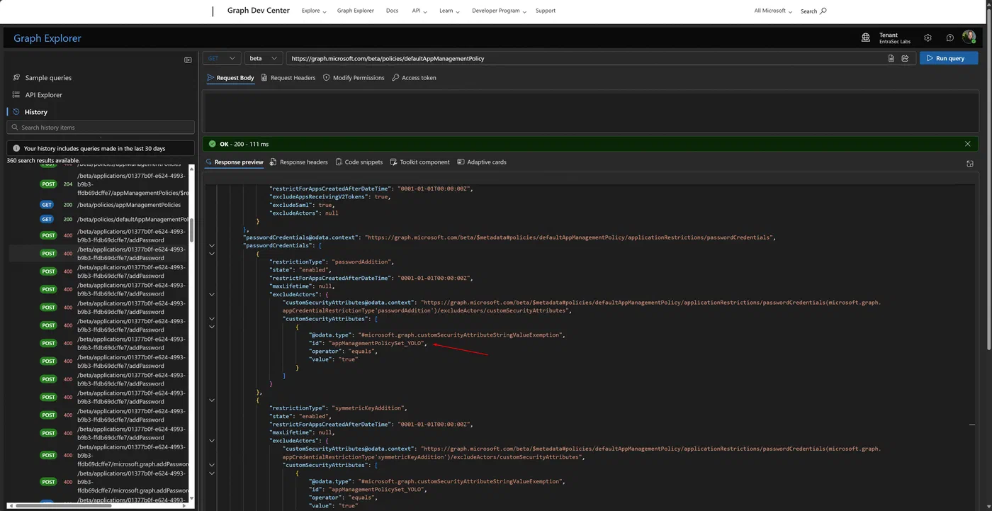 Screenshot showing Entra application policy bug investigation (step 5)