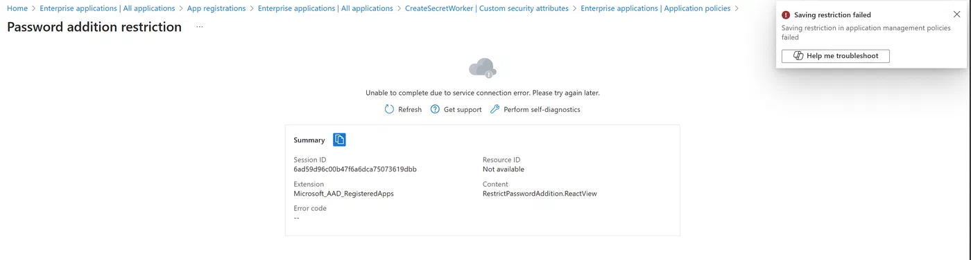 Screenshot showing Entra application policy bug investigation (step 8)