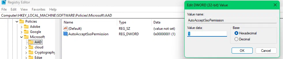 Registry value for automatically accepting the SSO prompt