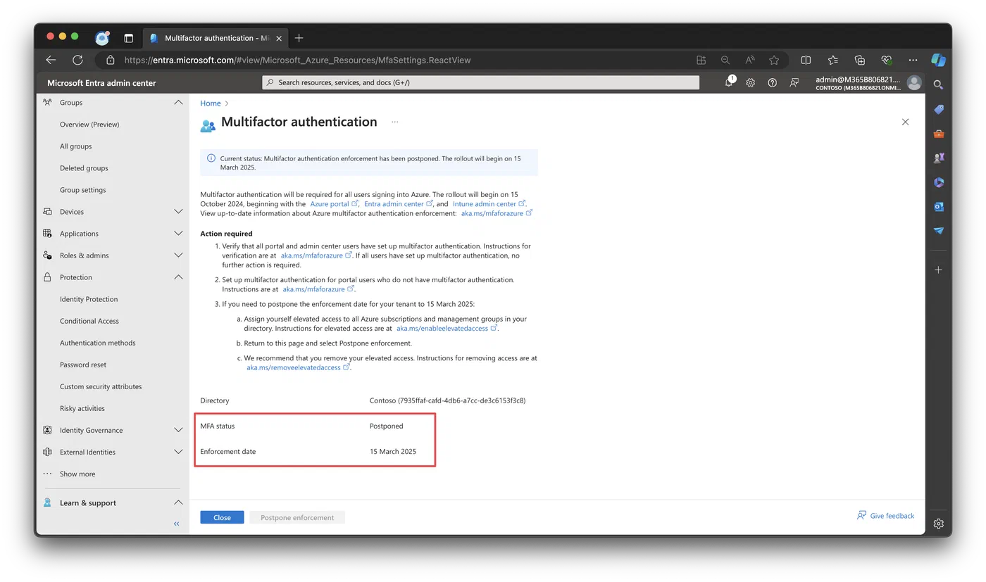 Microsoft request process for delaying mandatory MFA enforcement