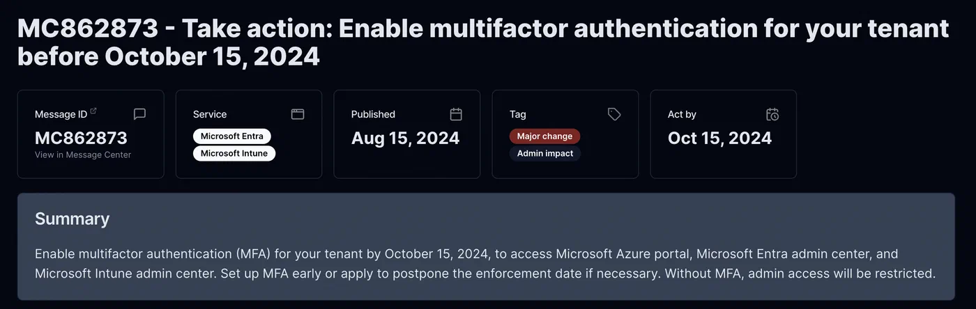 Microsoft 365 message center notice about mandatory MFA