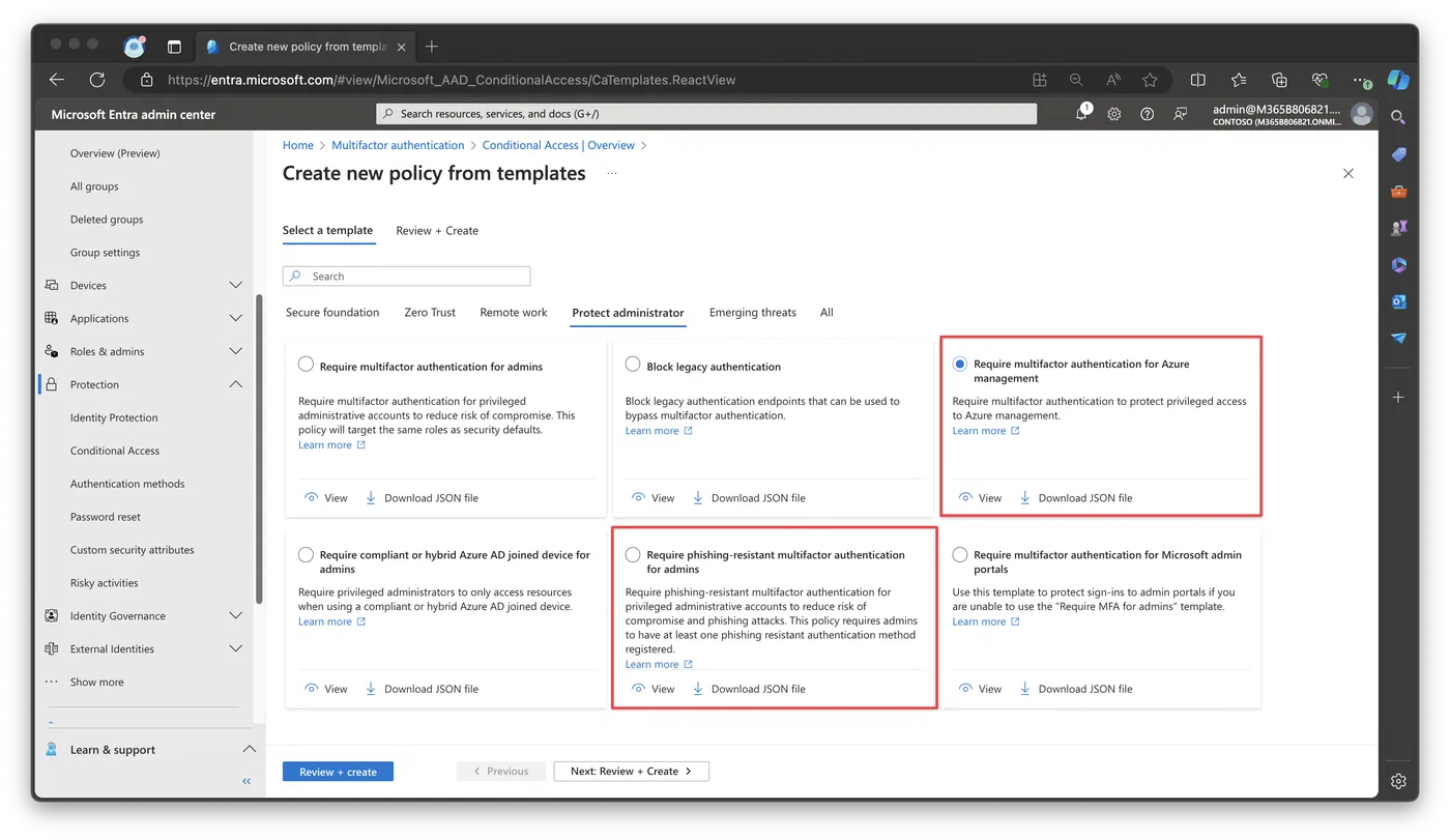 Conditional Access template for requiring MFA on Azure management