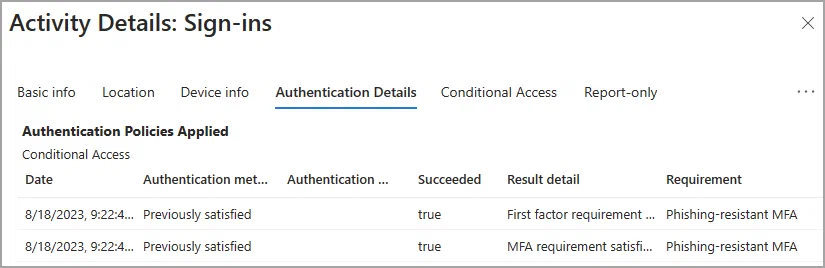 Sign-in log authentication details showing applied MFA policies