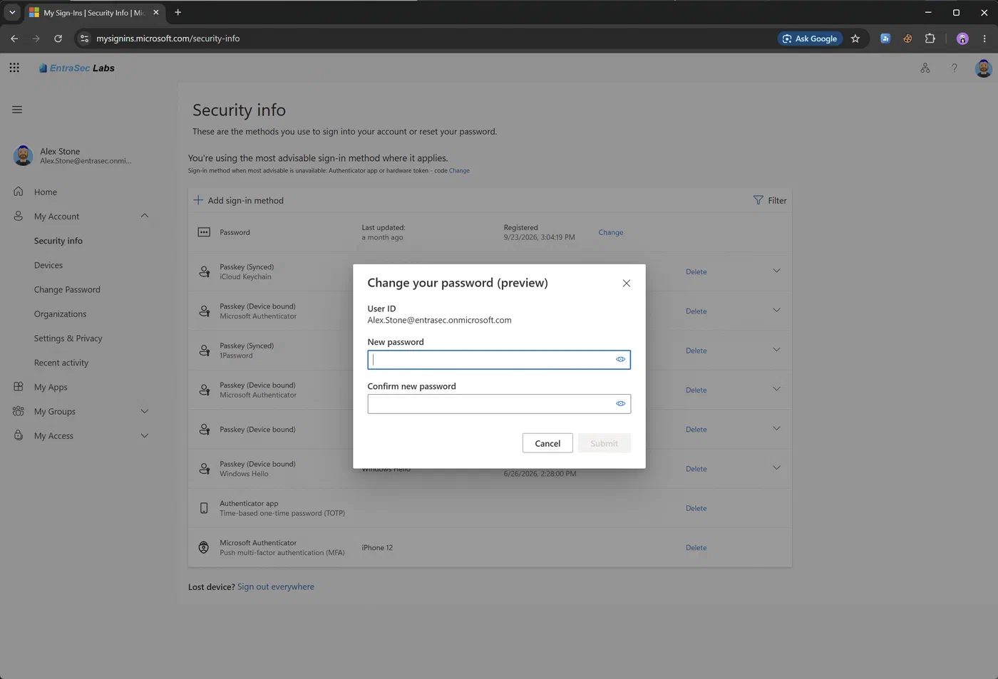 The Security info page displays the Change your password dialog with fields for a new password and its confirmation.