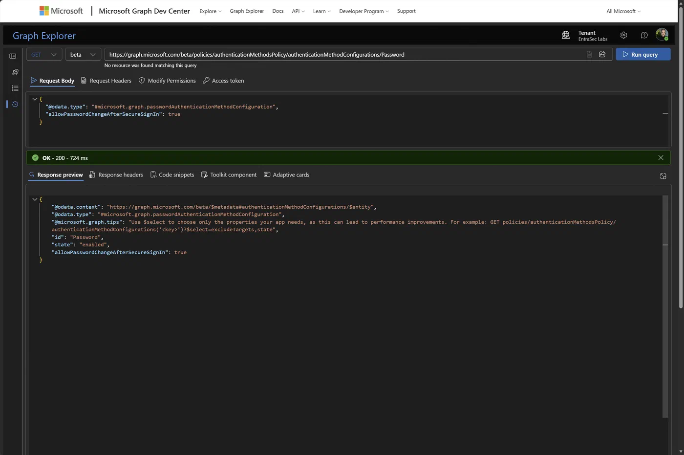 Graph Explorer returns a successful response for a request enabling password change after secure sign-in.