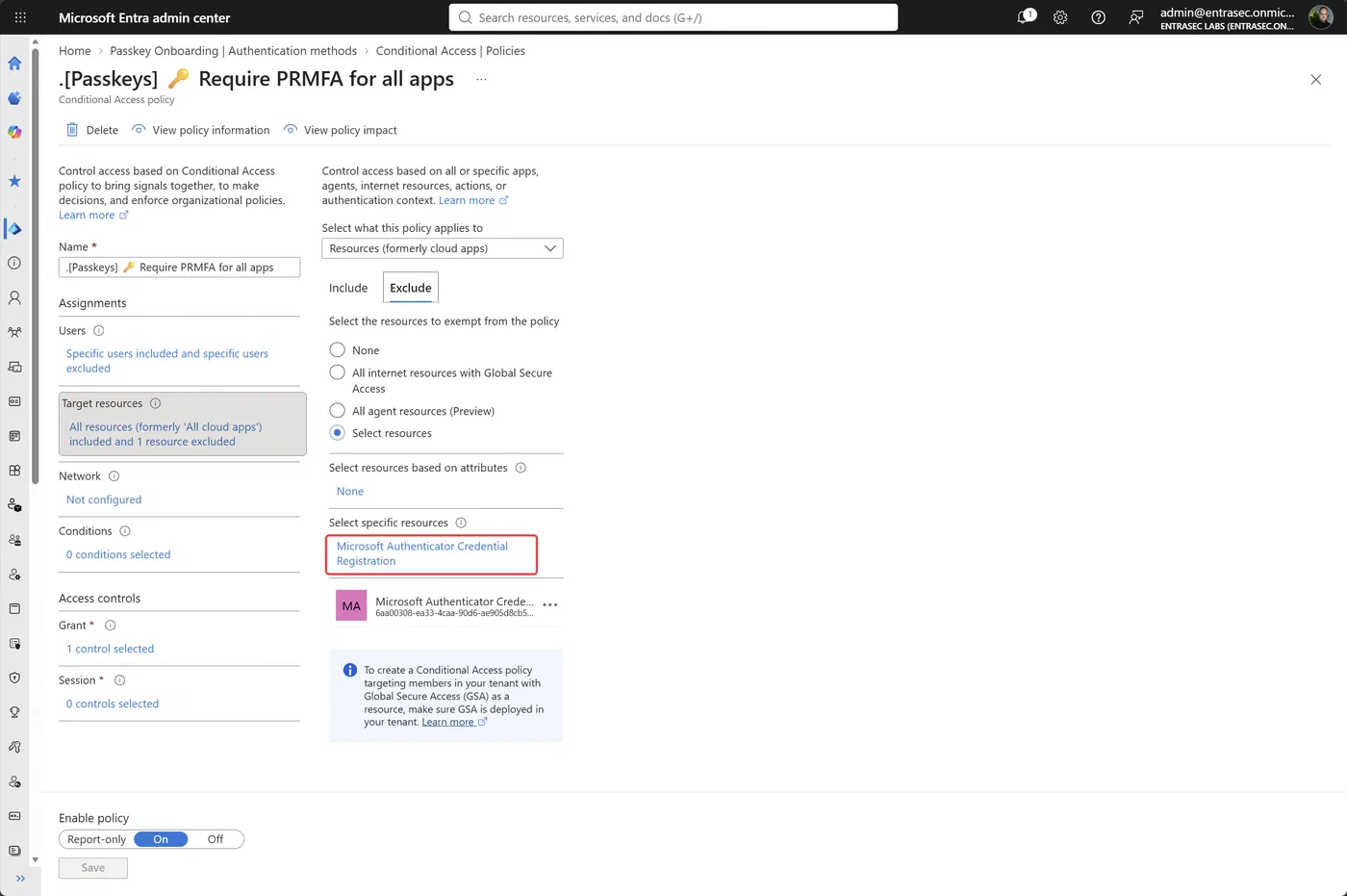 Conditional Access policy excludes Microsoft Authenticator Credential Registration from all resources.