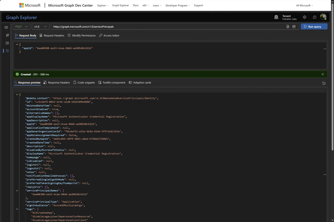 Microsoft Graph Explorer shows a successful response after creating the Microsoft Authenticator Credential Registration service principal.