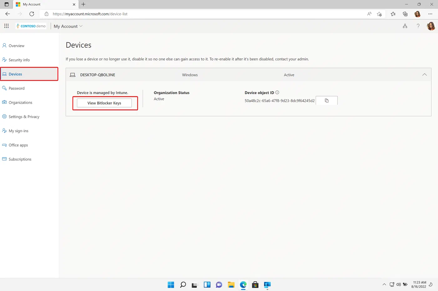 Screenshot related to Block users from viewing their BitLocker keys