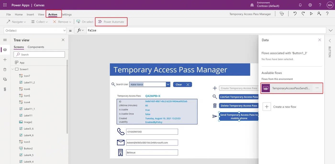 Power Apps button settings for adding a Power Automate flow