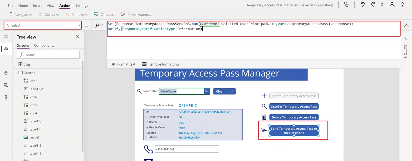 Power Apps button OnSelect formula for sending a Temporary Access Pass