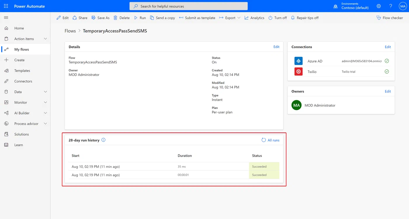 Power Apps Temporary Access Pass manager showing the send-message test