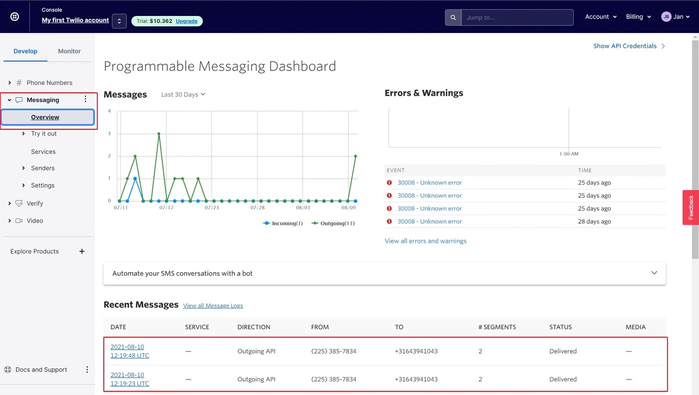Twilio console showing message activity for the Power Automate flow