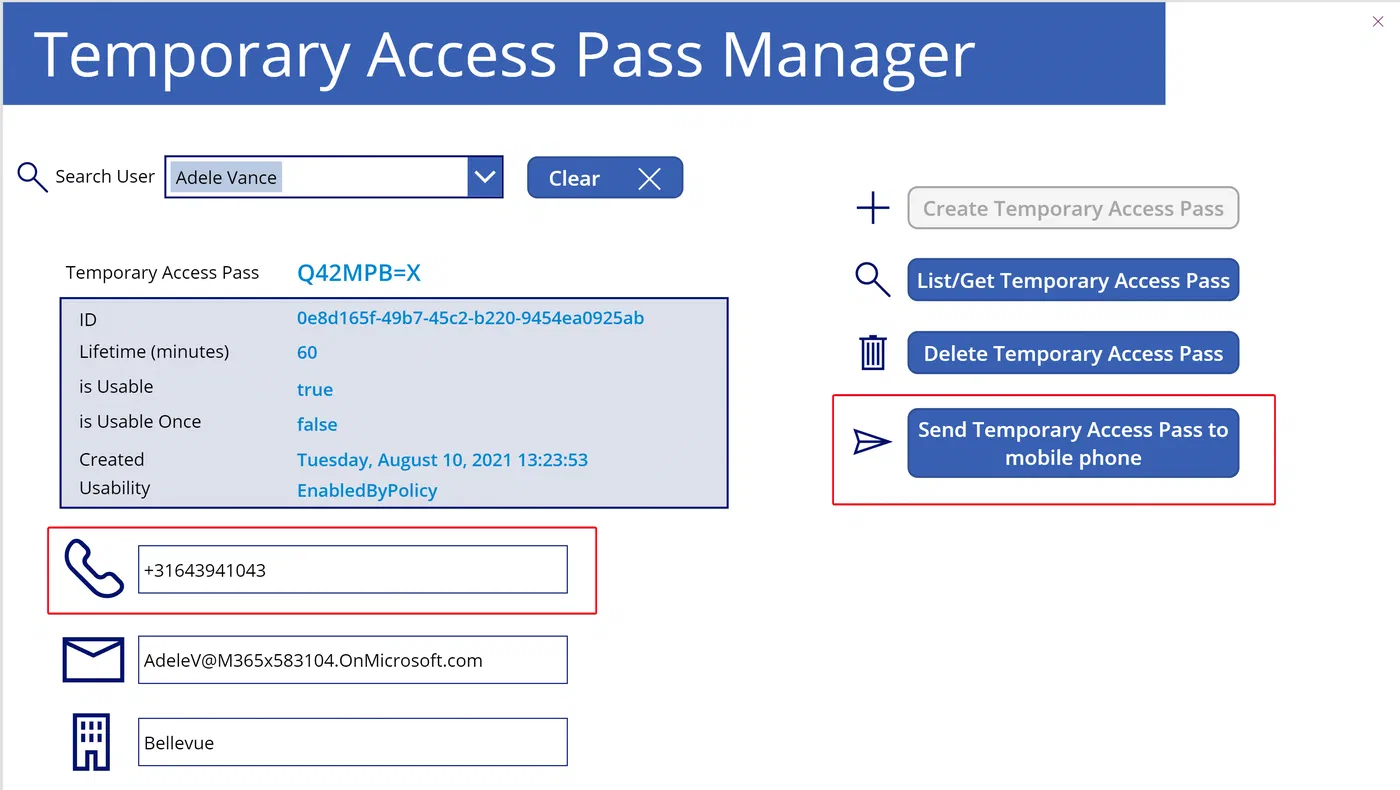 Power Apps screen for the Temporary Access Pass manager