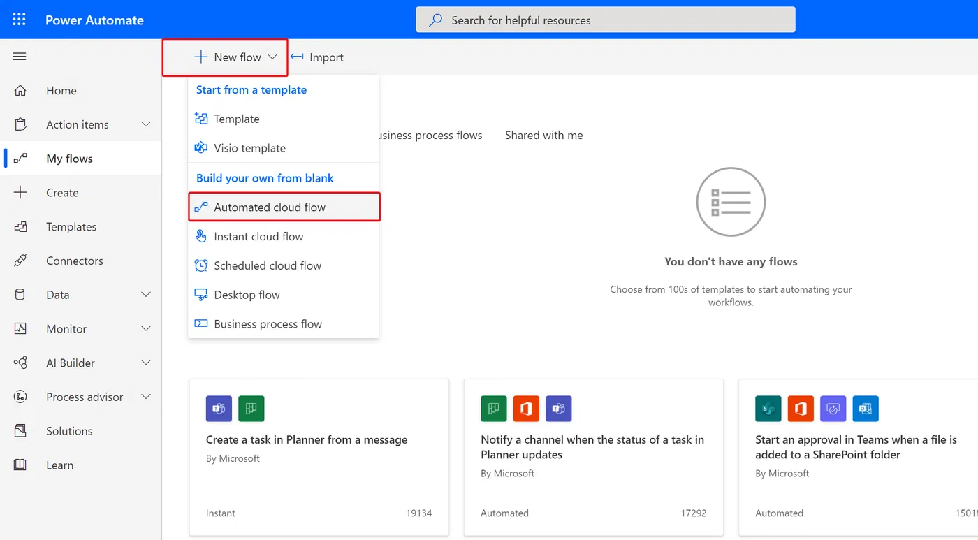 Power Automate screen for creating a new automated flow
