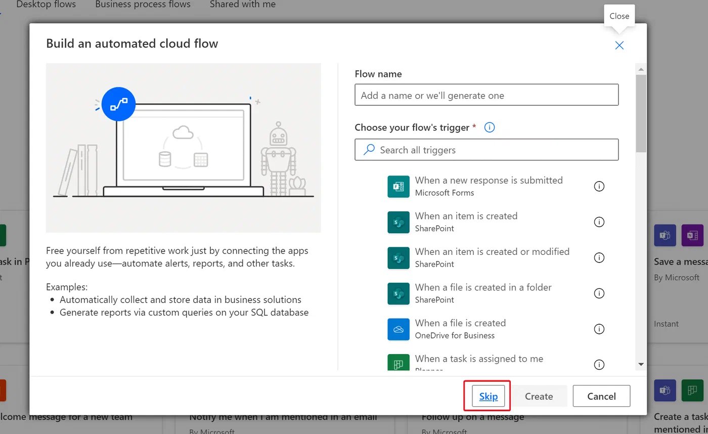Power Automate automated flow setup after skipping the wizard