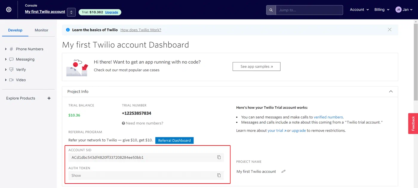 Twilio console showing account details for configuring the connector