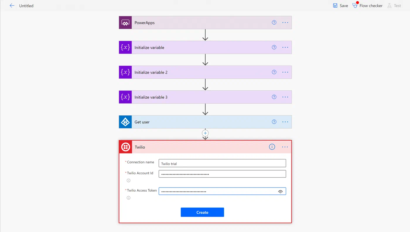 Power Automate Twilio action for sending a text message