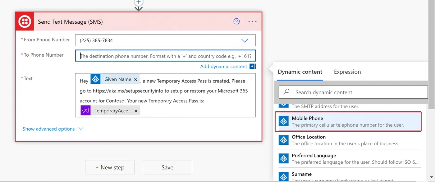 Twilio message action configured with the user’s mobile phone attribute