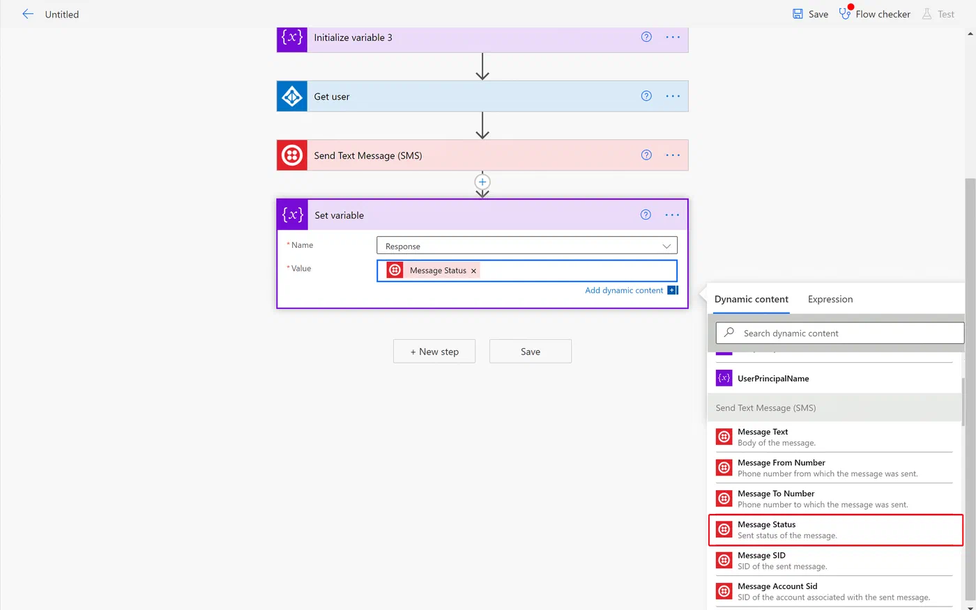 Power Automate action assigning the Twilio response to a variable