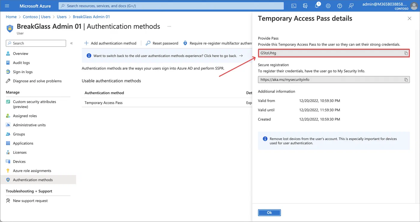 Screenshot related to 3. Create a new Temporary Access Pass