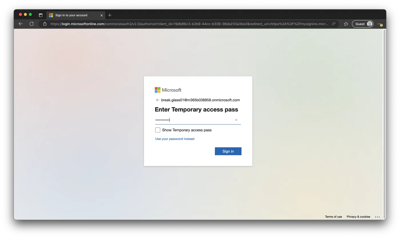 Screenshot related to 4. Use the Temporary Access Pass to register the FIDO2 key