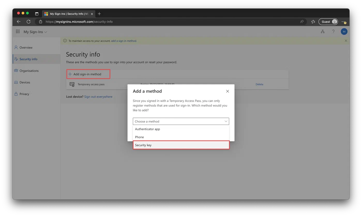 Screenshot related to 4. Use the Temporary Access Pass to register the FIDO2 key