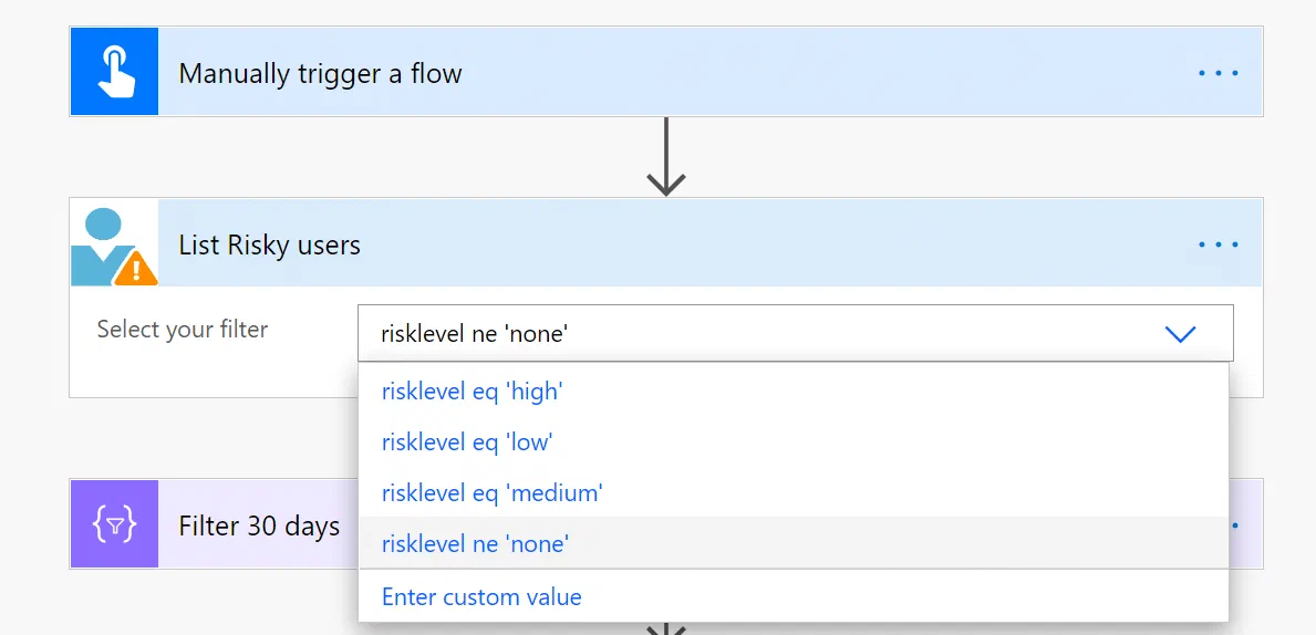Power Automate action for filtering risky users by their risk status