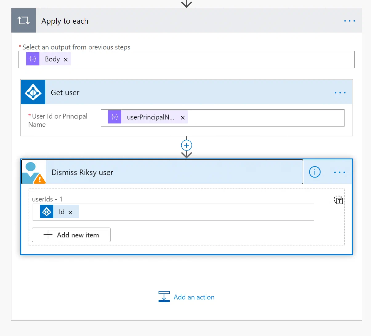 Power Automate steps to look up a user and dismiss risk