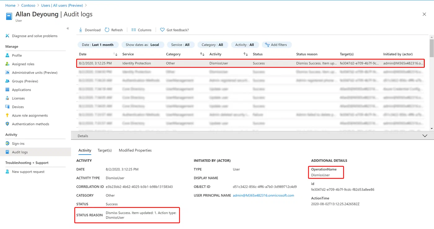 User risk details after the risk dismissal request completes