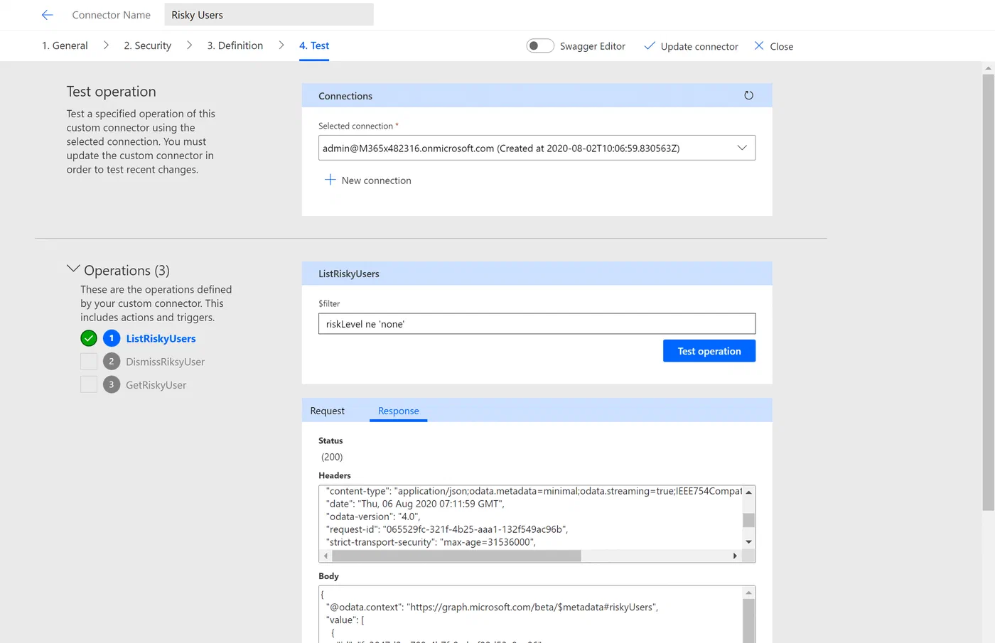 Power Platform custom connector setup for authentication and testing