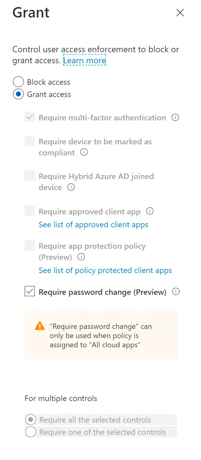Conditional Access policy requiring users to change a password