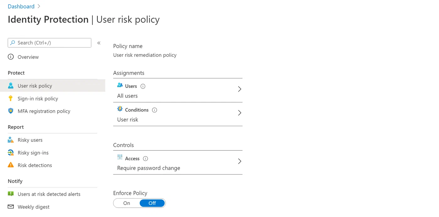 Azure AD Identity Protection policy options for remediating detected risks