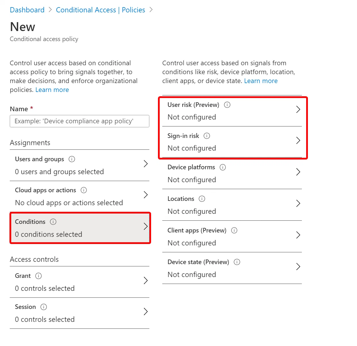 Conditional Access conditions for evaluating user and sign-in risk