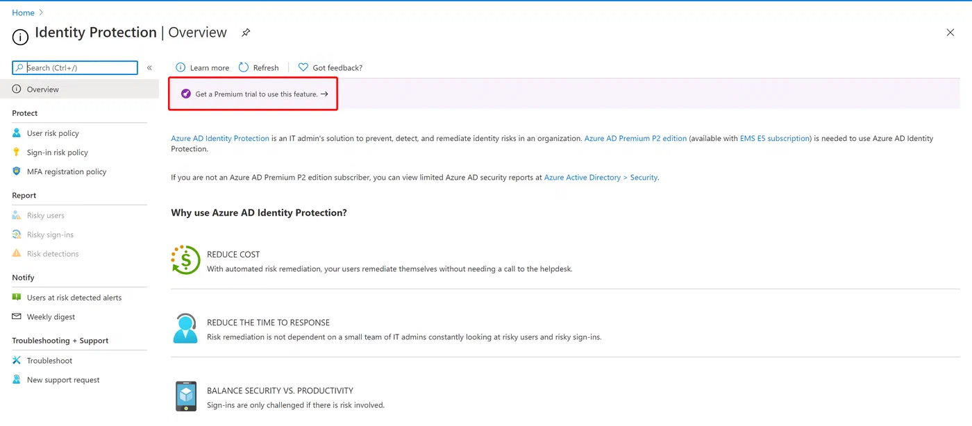 Azure AD Identity Protection page displaying detected risky users