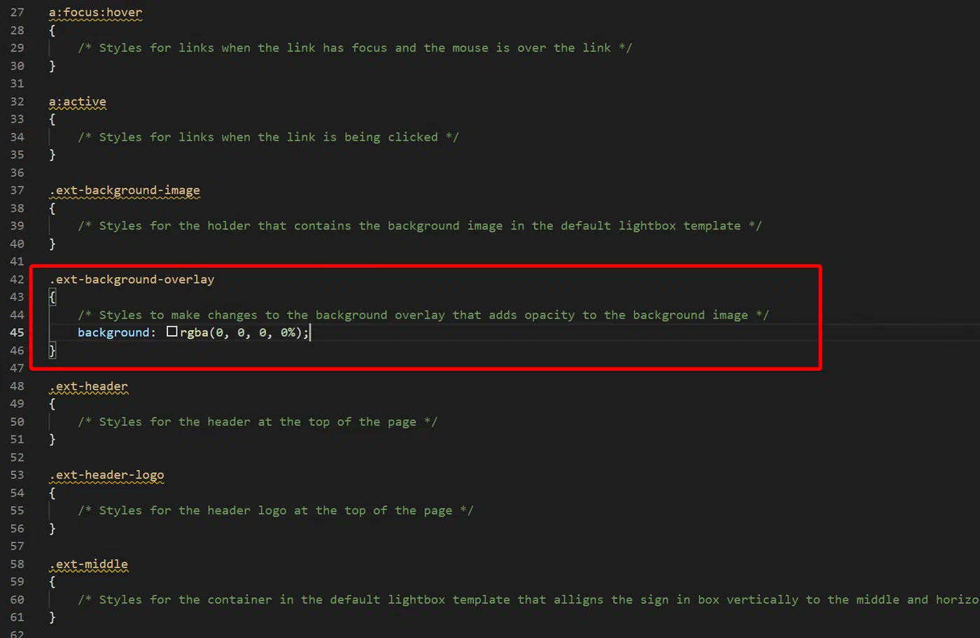 CSS template showing the rule for the Azure AD sign-in overlay