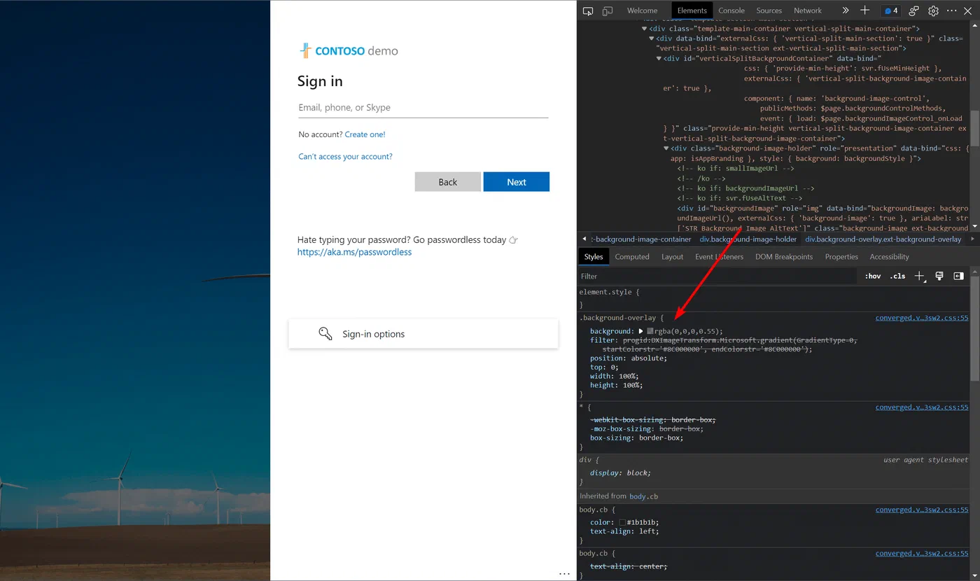 Browser developer tools editing the company branding CSS settings