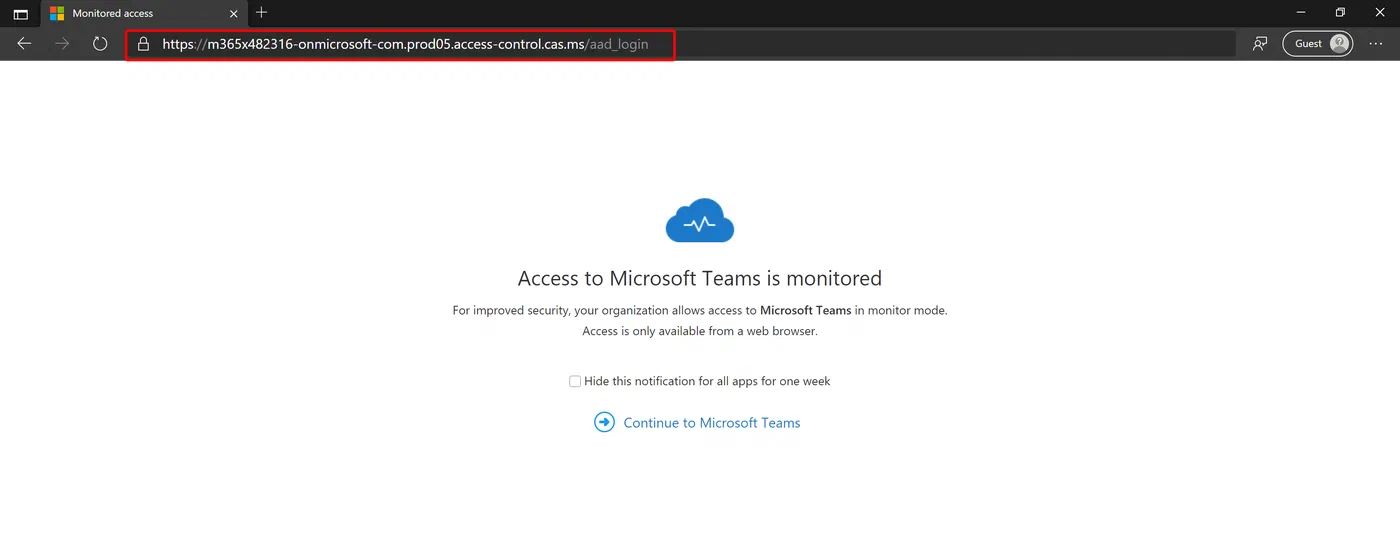 Cloud App Security prompt displayed when a user starts a browser session