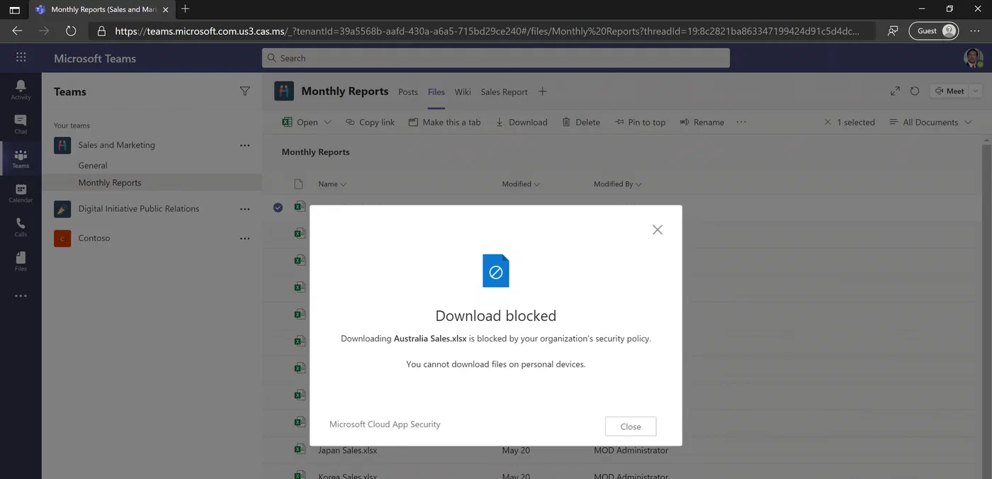Cloud App Security notice shown when an unmanaged-device download is blocked