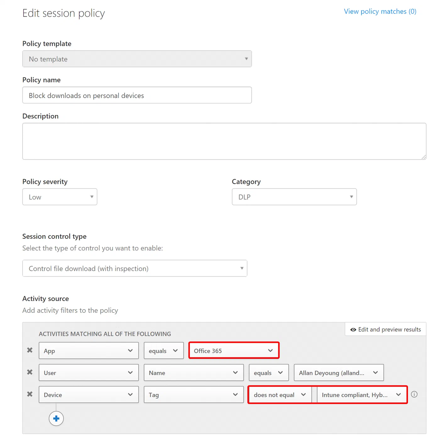 Cloud App Security session policy settings for controlling file downloads