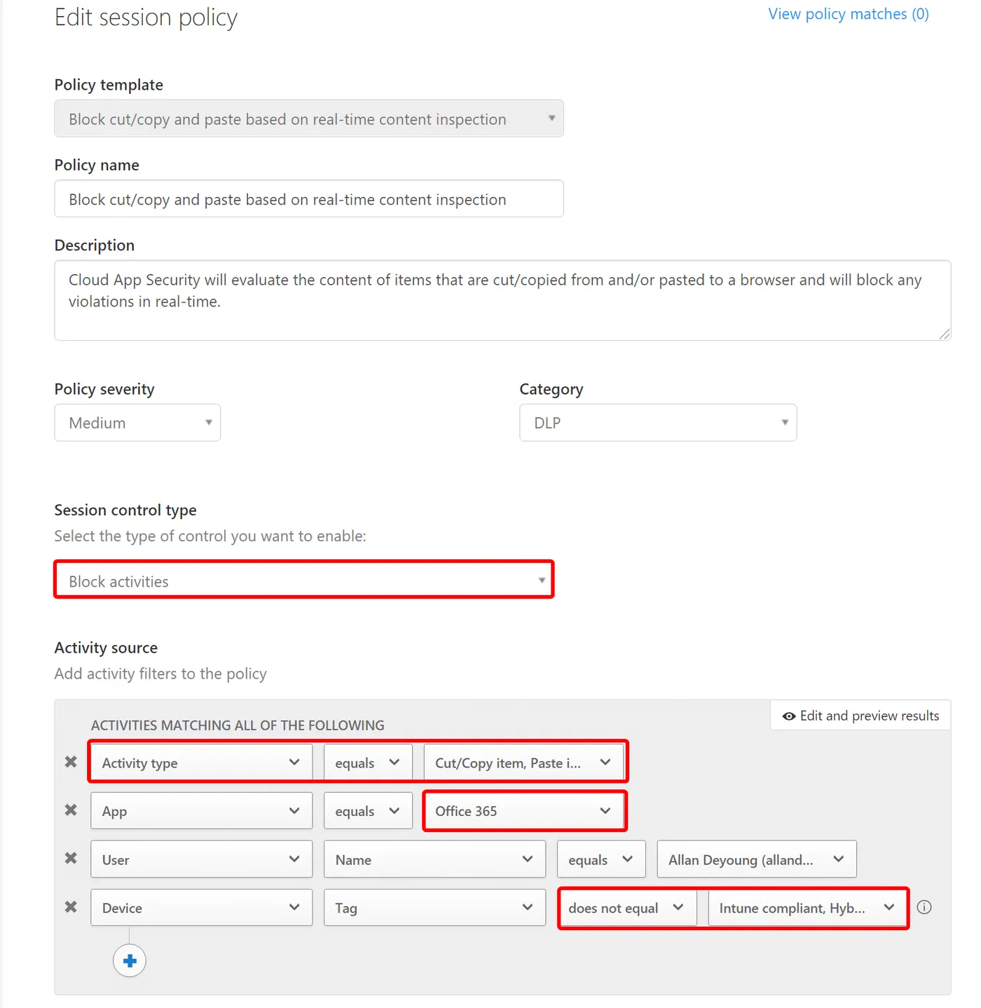 Cloud App Security policy restricting copy, paste, and printing